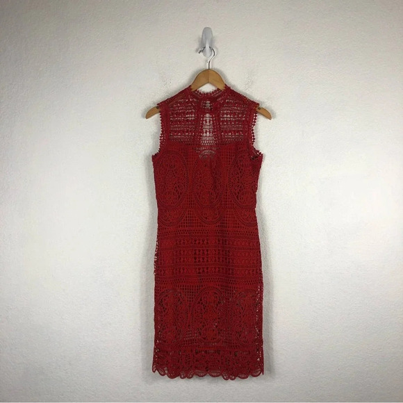 Lovers + Friends Lace Blush Red Crochet Open Back Cocktail Midi Dress Medium - Picture 3 of 15